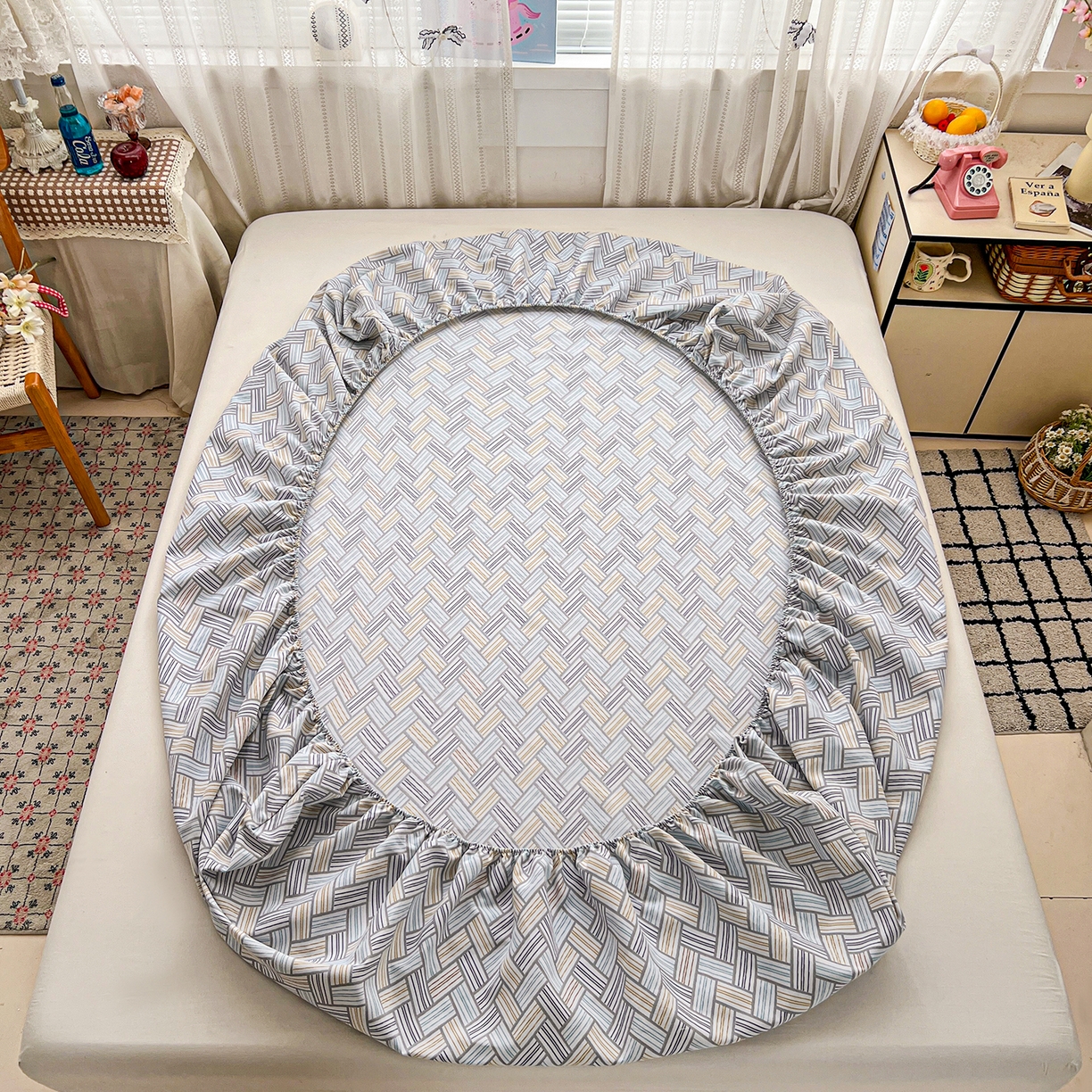 91家纺网 家纺一手货源 找家纺 栩裕纺织 2026春夏爆款老粗布凉席床单款凉席席子空调软席-提供买家秀 贵族格纹-床笠款