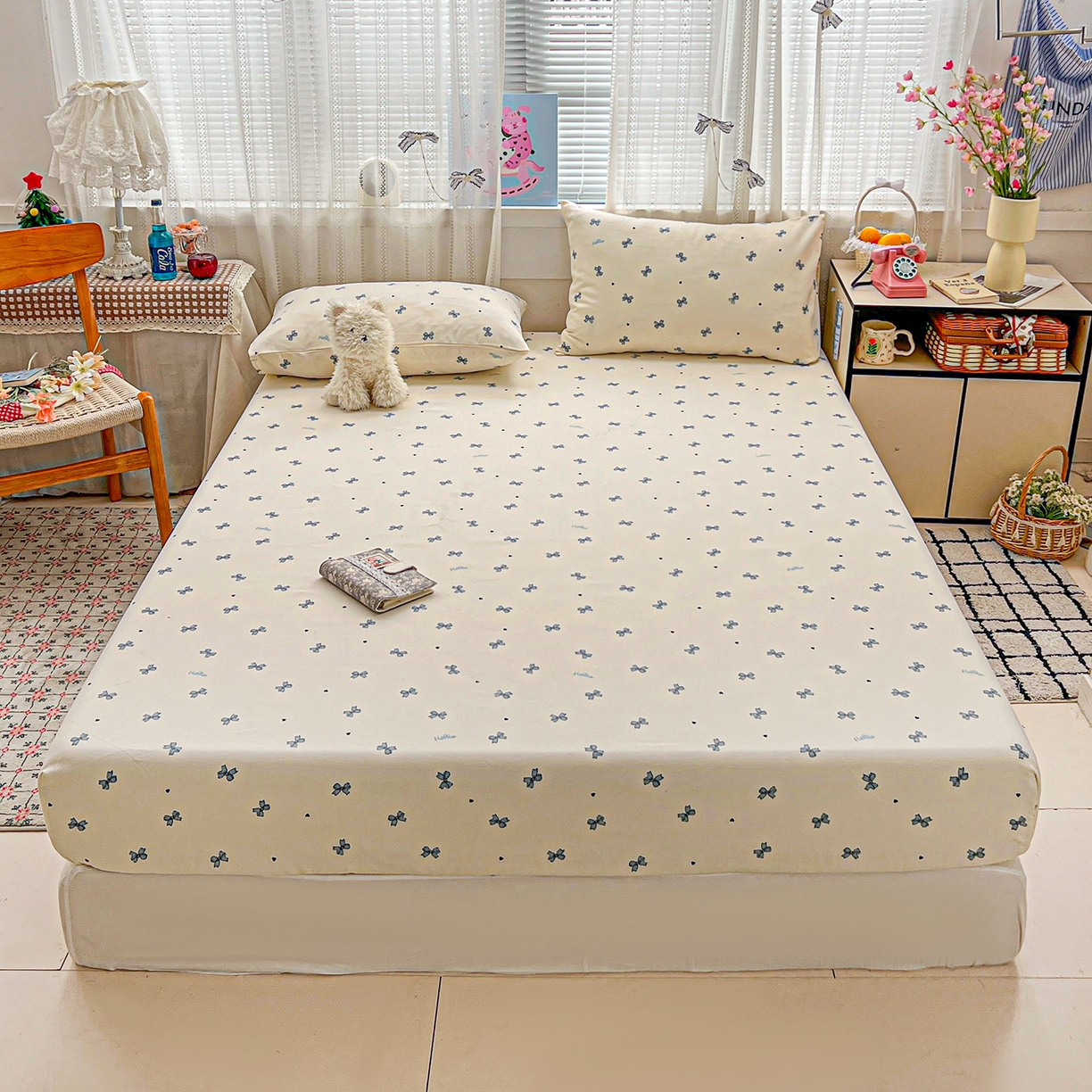 91家纺网 家纺一手货源 找家纺 栩裕纺织 2026春夏爆款老粗布凉席床单款凉席席子空调软席-提供买家秀 蝴蝶结蓝-床笠款