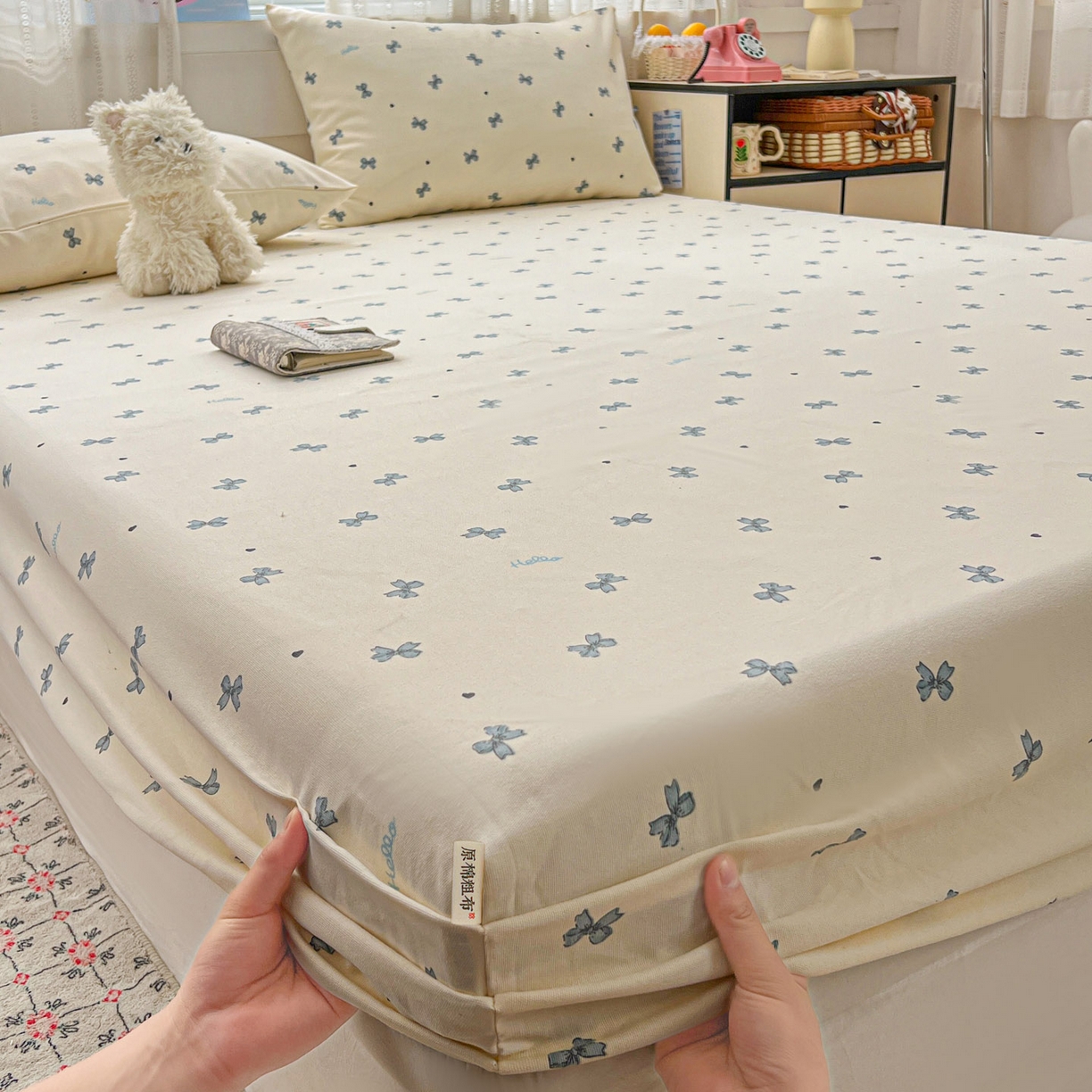 91家纺网 家纺一手货源 找家纺 栩裕纺织 2026春夏爆款老粗布凉席床单款凉席席子空调软席-提供买家秀 蝴蝶结蓝-床笠款