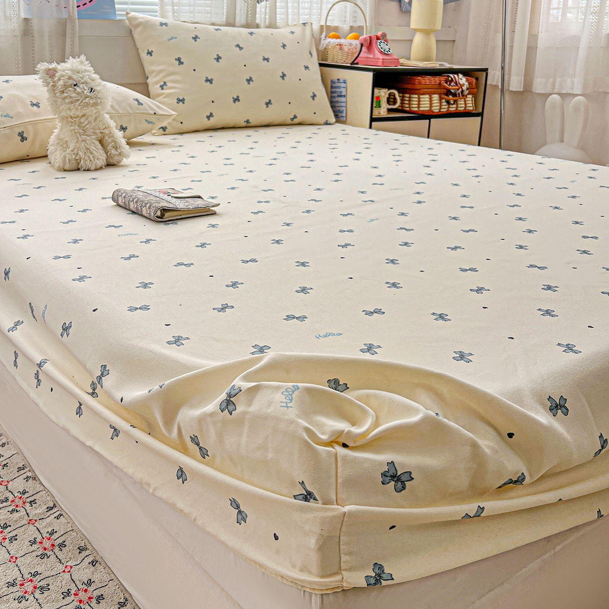 91家纺网 家纺一手货源 找家纺 栩裕纺织 2026春夏爆款老粗布凉席床单款凉席席子空调软席-提供买家秀 蝴蝶结蓝-床笠款