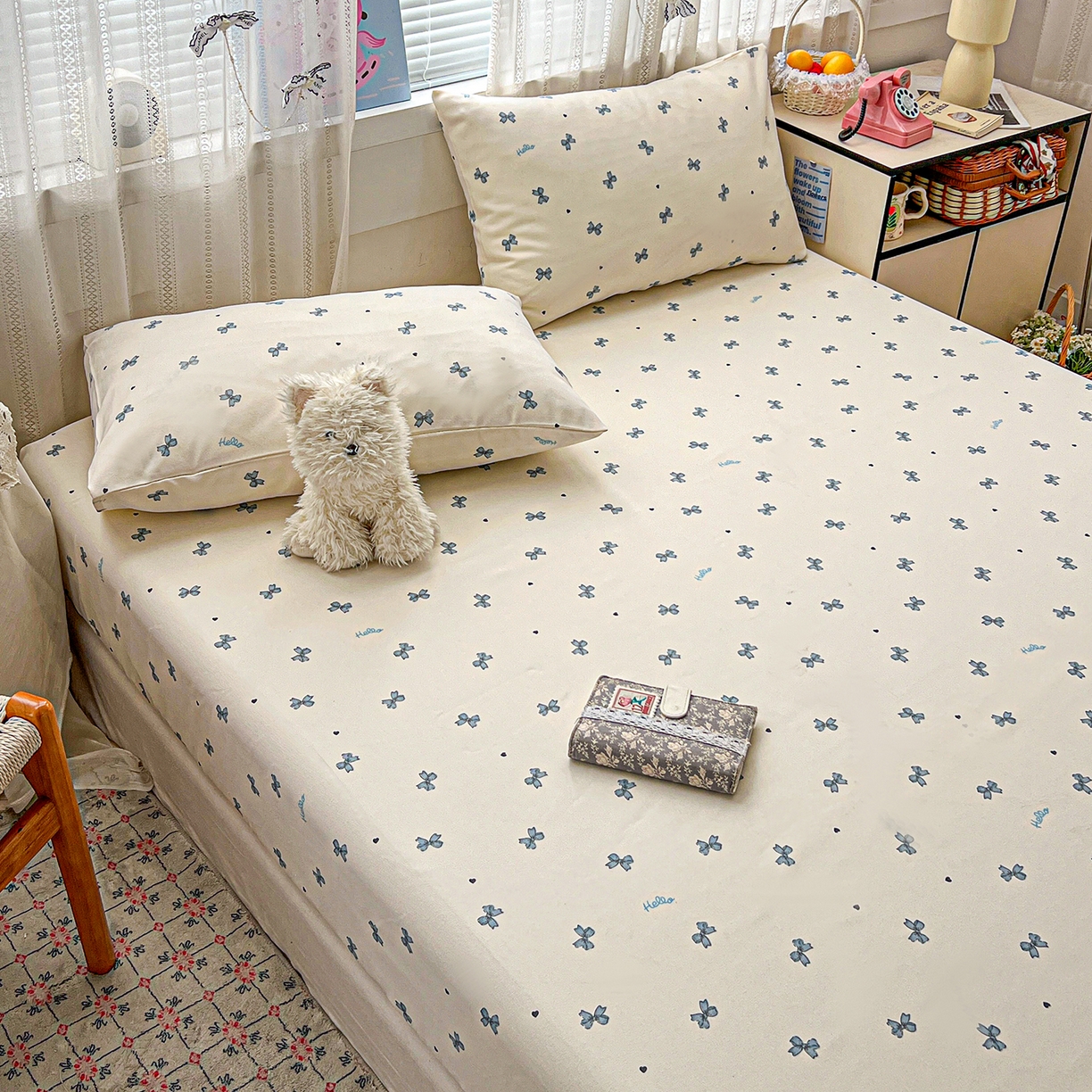 91家纺网 家纺一手货源 找家纺 栩裕纺织 2026春夏爆款老粗布凉席床单款凉席席子空调软席-提供买家秀 蝴蝶结蓝-床笠款