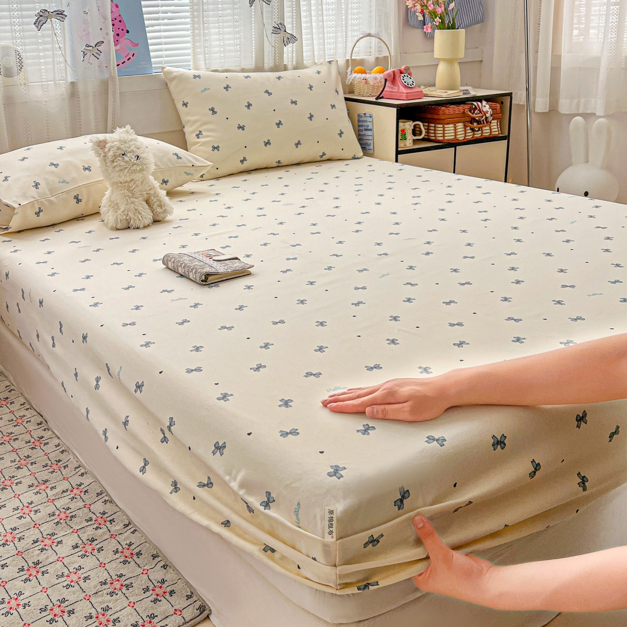 91家纺网 家纺一手货源 找家纺 栩裕纺织 2026春夏爆款老粗布凉席床单款凉席席子空调软席-提供买家秀 蝴蝶结蓝-床笠款