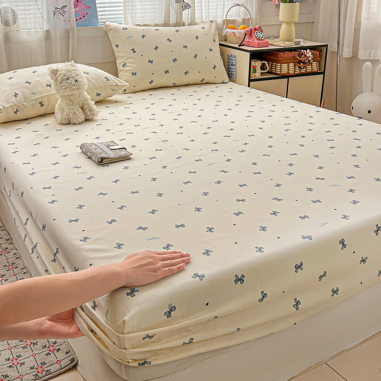 91家纺网 家纺一手货源 找家纺 栩裕纺织 2026春夏爆款老粗布凉席床单款凉席席子空调软席-提供买家秀 蝴蝶结蓝-床笠款