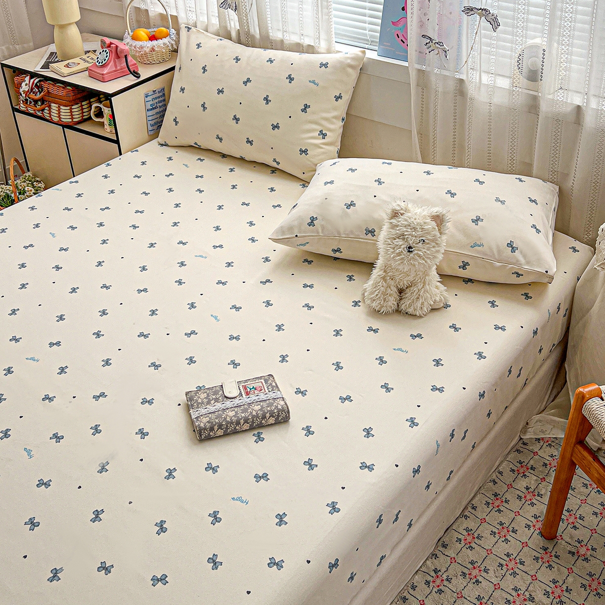 91家纺网 家纺一手货源 找家纺 栩裕纺织 2026春夏爆款老粗布凉席床单款凉席席子空调软席-提供买家秀 蝴蝶结蓝-床笠款