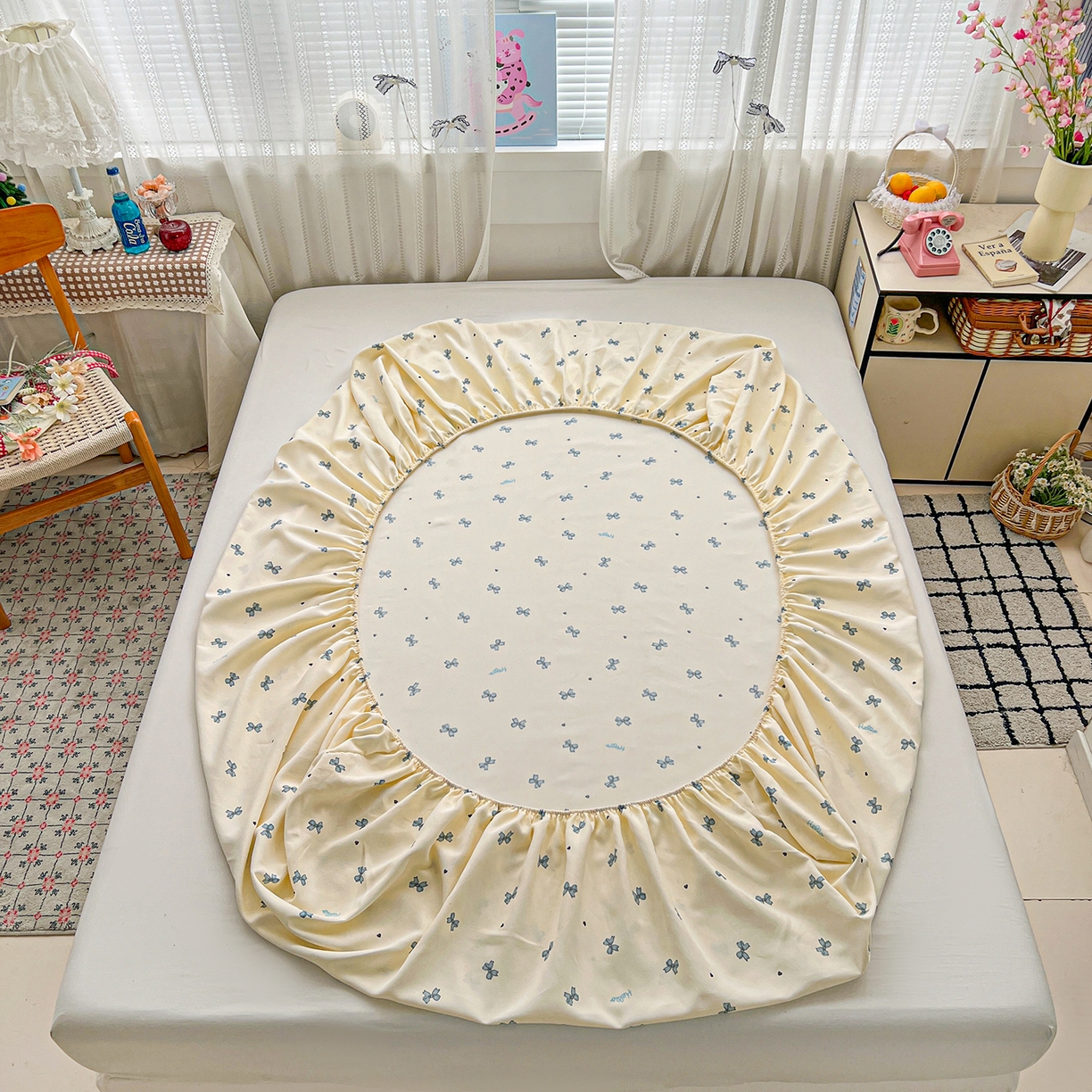 91家纺网 家纺一手货源 找家纺 栩裕纺织 2026春夏爆款老粗布凉席床单款凉席席子空调软席-提供买家秀 蝴蝶结蓝-床笠款