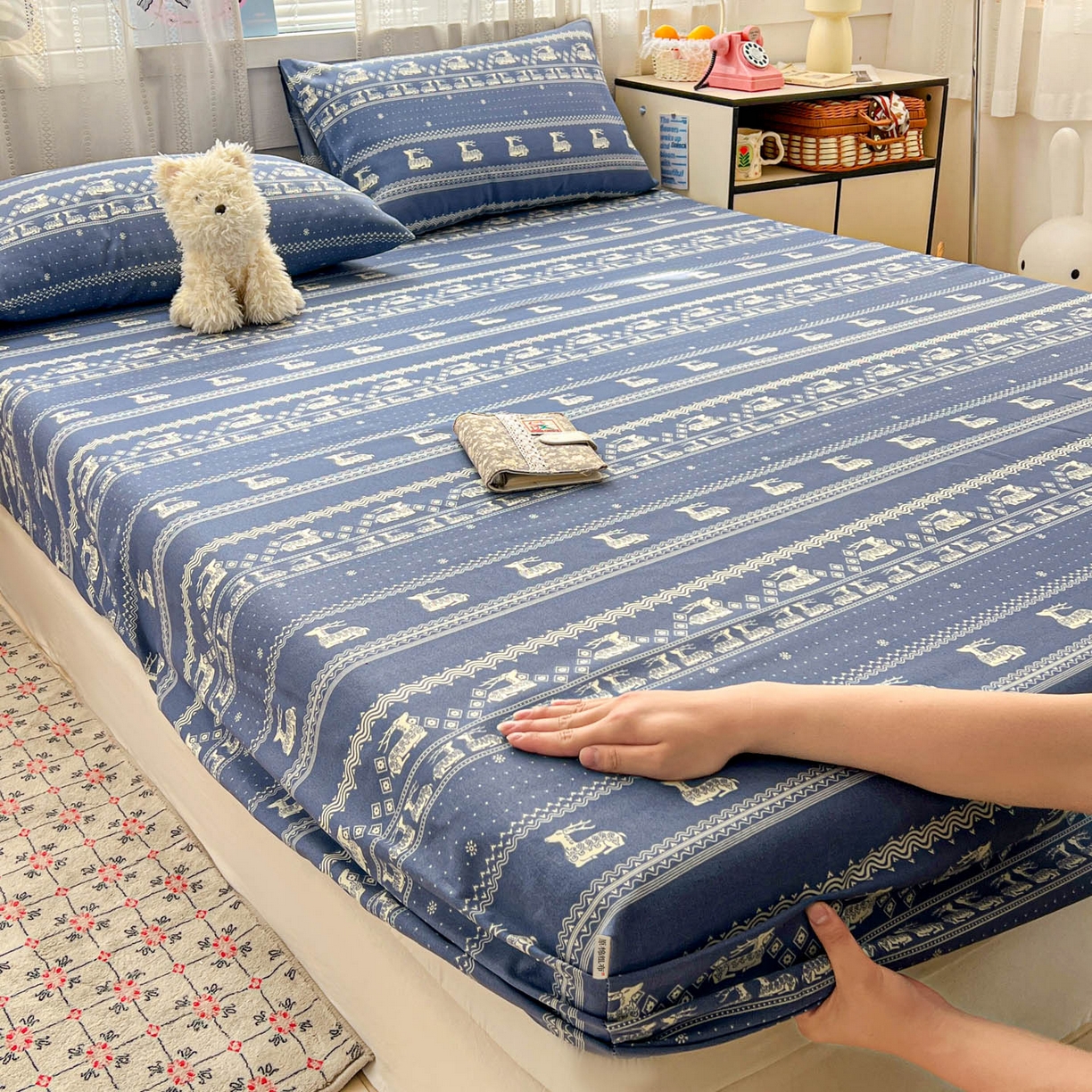 91家纺网 家纺一手货源 找家纺 栩裕纺织 2026春夏爆款老粗布凉席床单款凉席席子空调软席-提供买家秀 吉祥鹿-床笠款