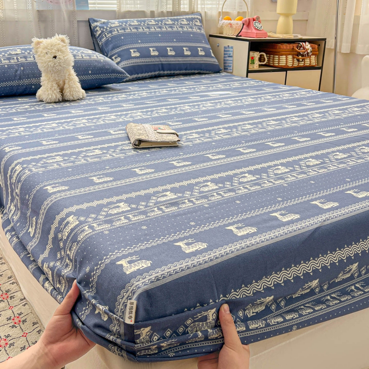 91家纺网 家纺一手货源 找家纺 栩裕纺织 2026春夏爆款老粗布凉席床单款凉席席子空调软席-提供买家秀 吉祥鹿-床笠款