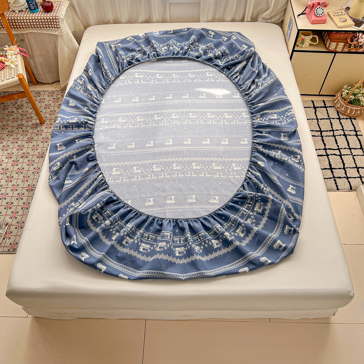 91家纺网 家纺一手货源 找家纺 栩裕纺织 2026春夏爆款老粗布凉席床单款凉席席子空调软席-提供买家秀 吉祥鹿-床笠款