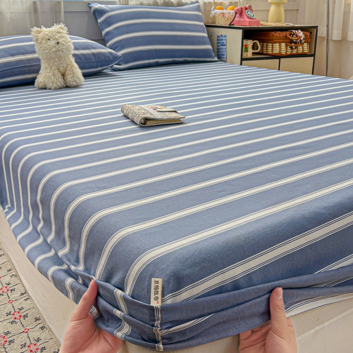 91家纺网 家纺一手货源 找家纺 栩裕纺织 2026春夏爆款老粗布凉席床单款凉席席子空调软席-提供买家秀 极简条纹-床笠款