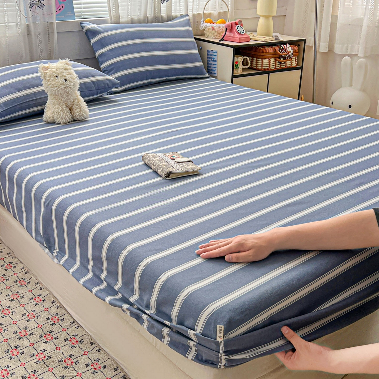 91家纺网 家纺一手货源 找家纺 栩裕纺织 2026春夏爆款老粗布凉席床单款凉席席子空调软席-提供买家秀 极简条纹-床笠款