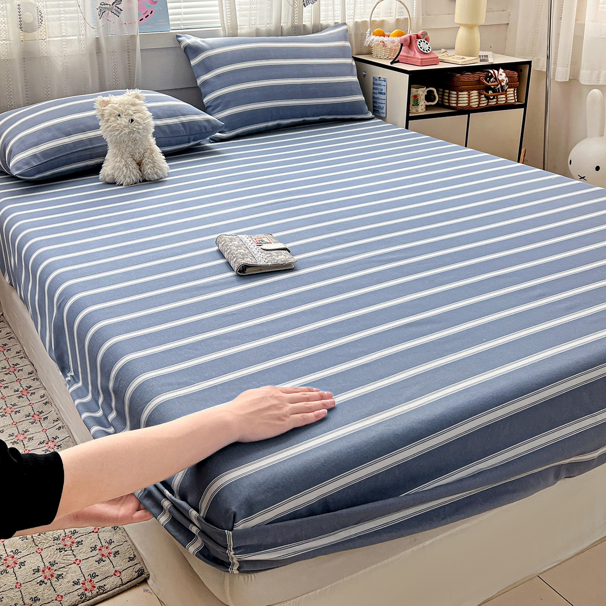 91家纺网 家纺一手货源 找家纺 栩裕纺织 2026春夏爆款老粗布凉席床单款凉席席子空调软席-提供买家秀 极简条纹-床笠款