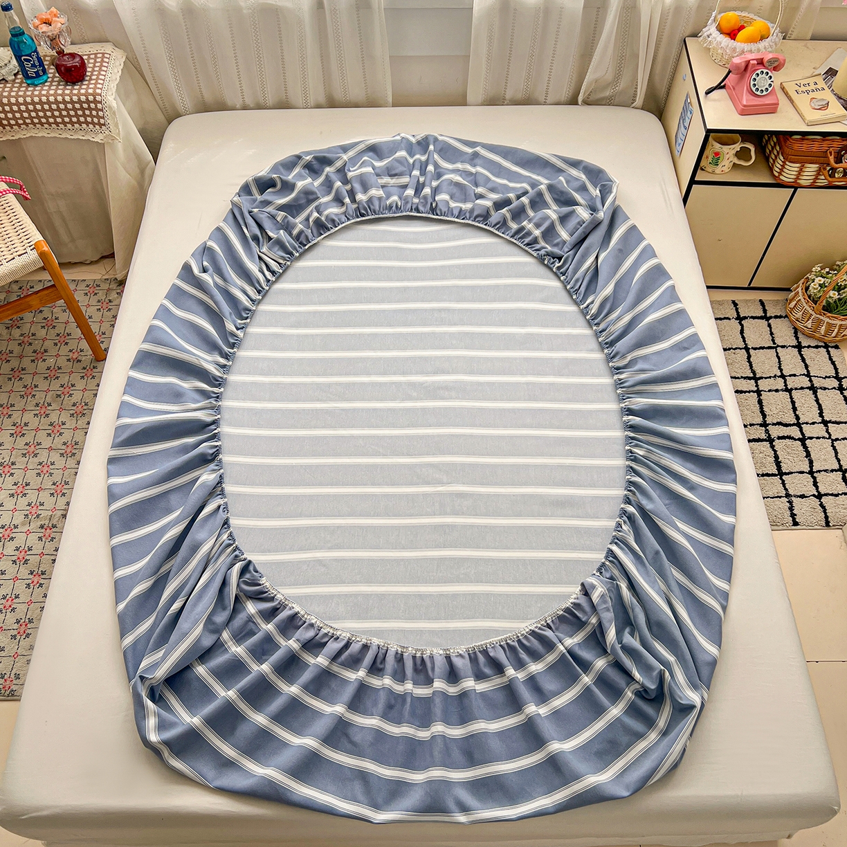 91家纺网 家纺一手货源 找家纺 栩裕纺织 2026春夏爆款老粗布凉席床单款凉席席子空调软席-提供买家秀 极简条纹-床笠款