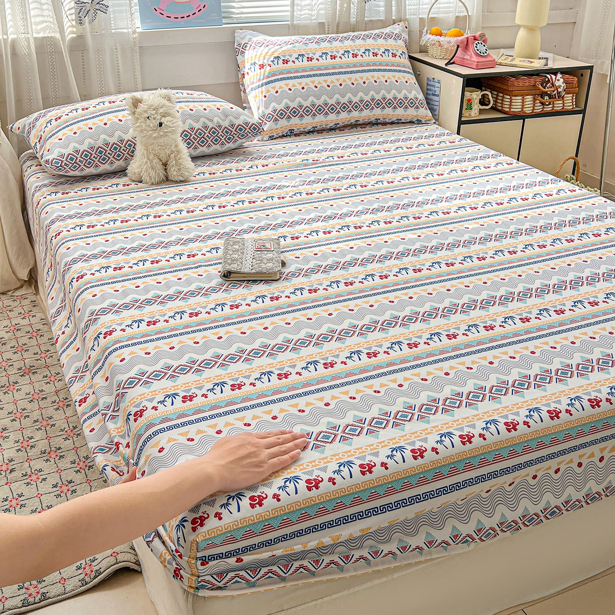 91家纺网 家纺一手货源 找家纺 栩裕纺织 2026春夏爆款老粗布凉席床单款凉席席子空调软席-提供买家秀 热带雨象-床笠款