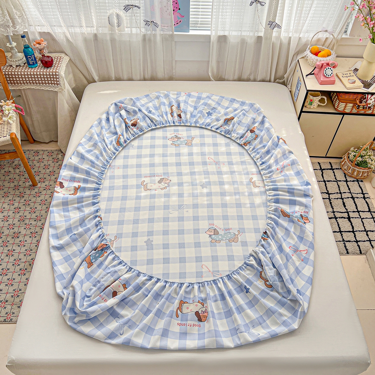 91家纺网 家纺一手货源 找家纺 栩裕纺织 2026春夏爆款老粗布凉席床单款凉席席子空调软席-提供买家秀 星空萌宠-床笠款