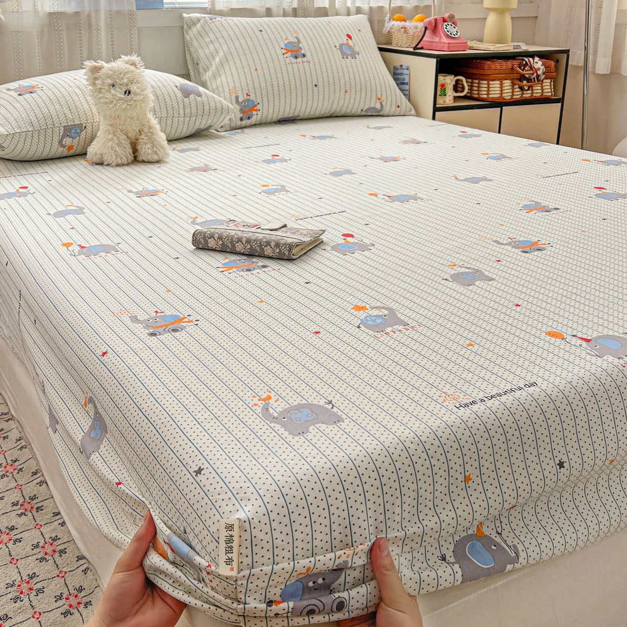 91家纺网 家纺一手货源 找家纺 栩裕纺织 2026春夏爆款老粗布凉席床单款凉席席子空调软席-提供买家秀 幸运小象-床笠款