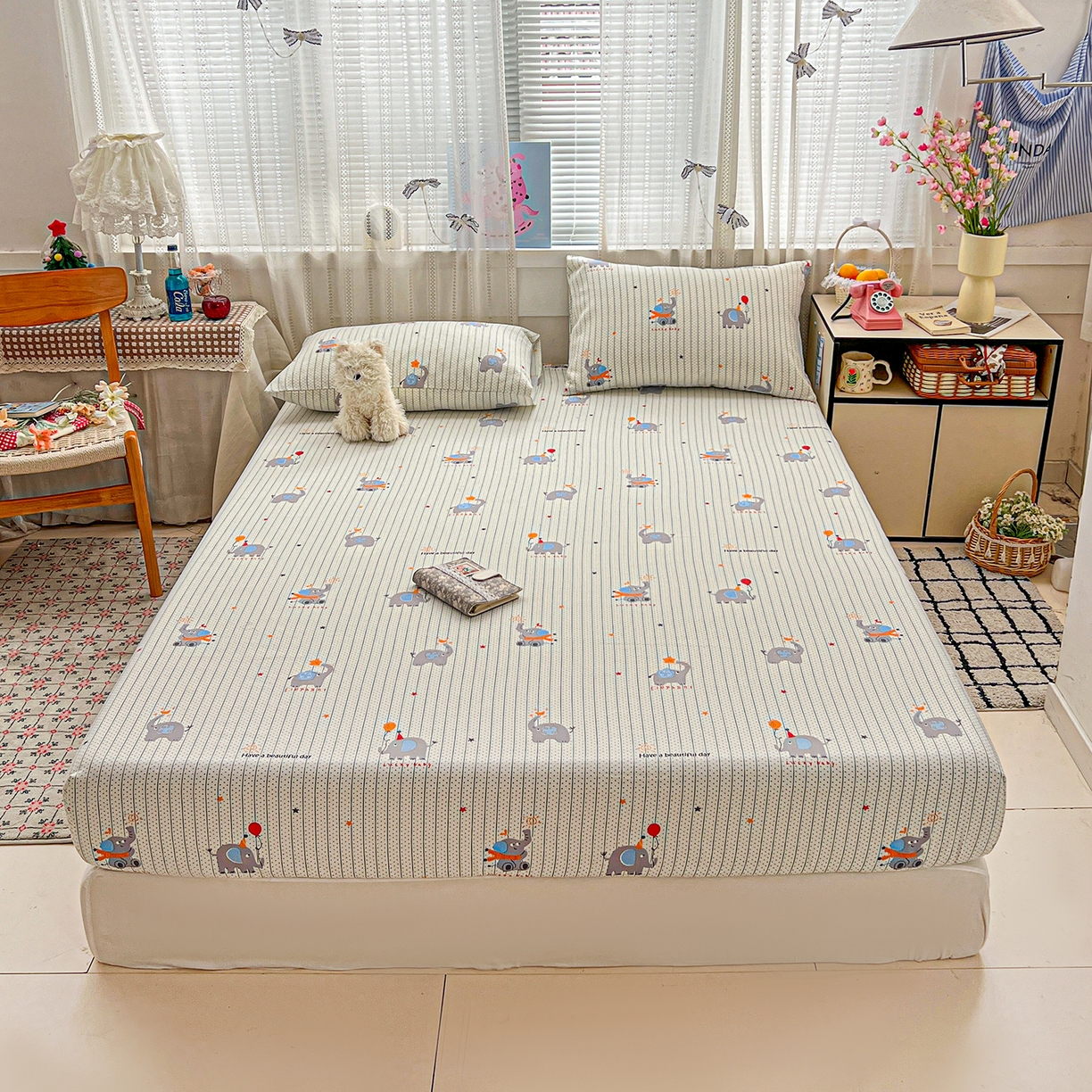 91家纺网 家纺一手货源 找家纺 栩裕纺织 2026春夏爆款老粗布凉席床单款凉席席子空调软席-提供买家秀 幸运小象-床笠款