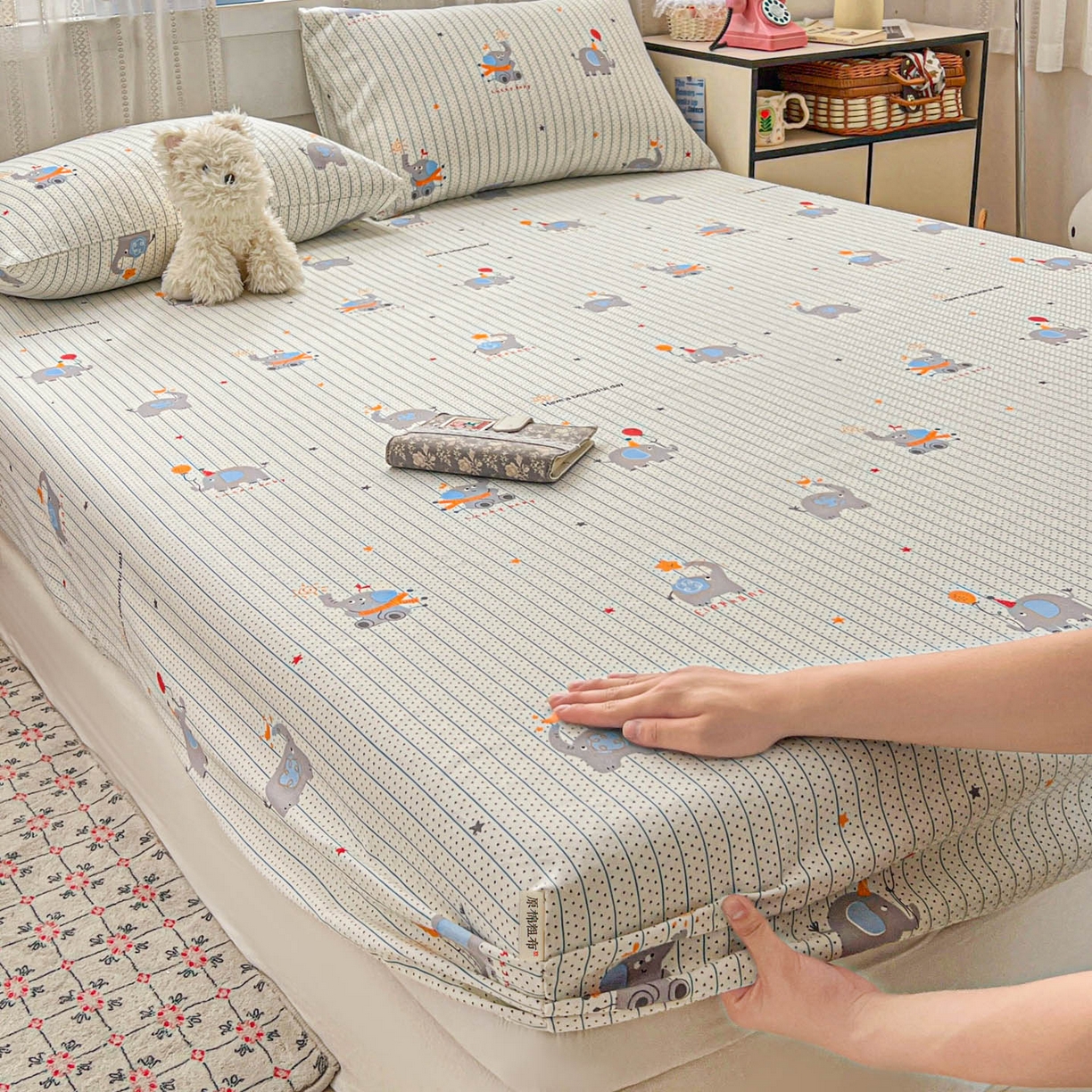 91家纺网 家纺一手货源 找家纺 栩裕纺织 2026春夏爆款老粗布凉席床单款凉席席子空调软席-提供买家秀 幸运小象-床笠款