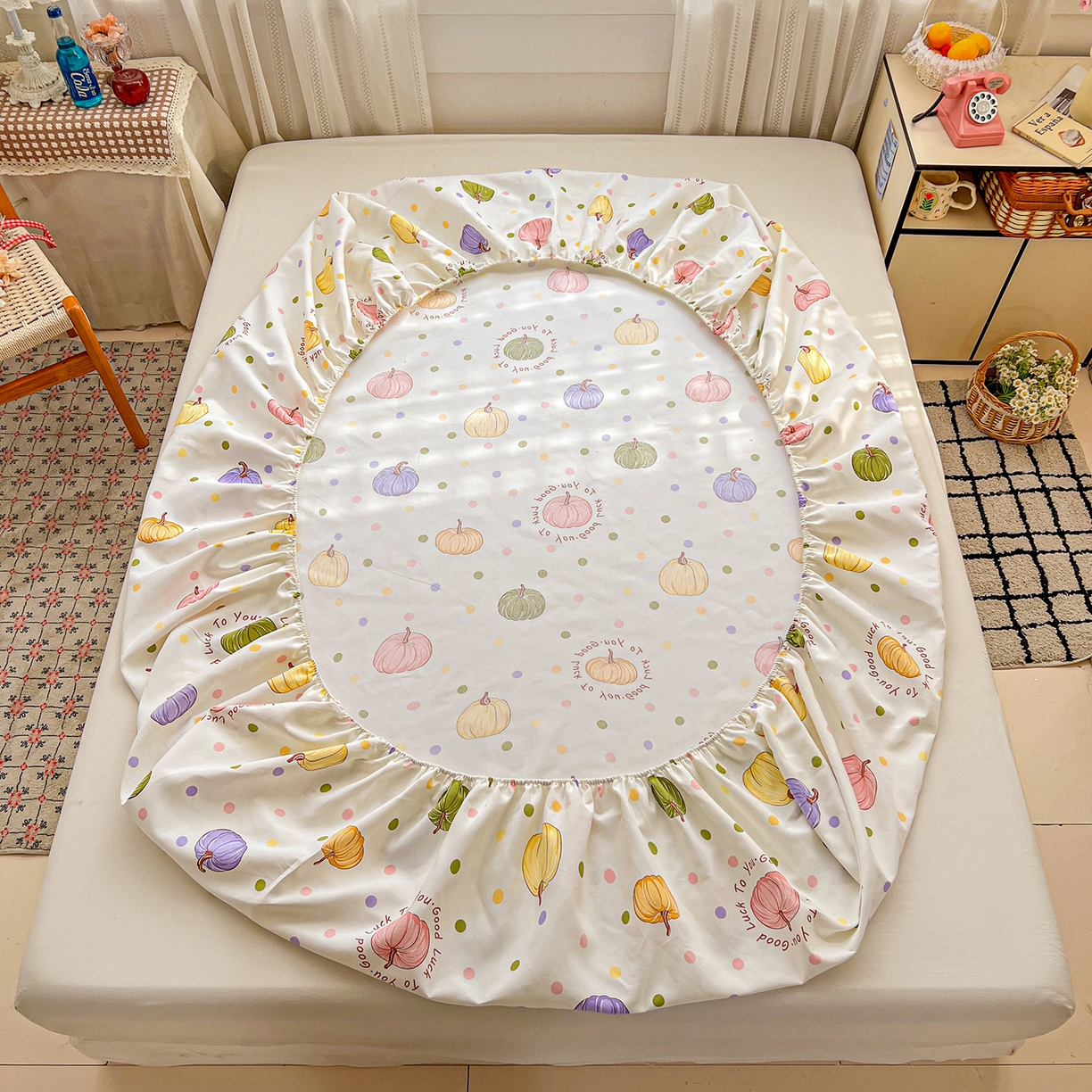 91家纺网 家纺一手货源 找家纺 栩裕纺织 2026春夏爆款老粗布凉席床单款凉席席子空调软席-提供买家秀 炫彩波点-床笠款