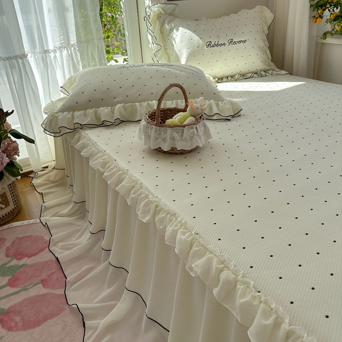 91家纺网 家纺一手货源 找家纺 （总）觅糖家纺 2026新款缎带梦境韩风ins床裙款凉席系列凉席席子-波点奶芙