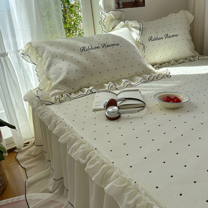 91家纺网 家纺一手货源 找家纺 （总）觅糖家纺 2026新款缎带梦境韩风ins床裙款凉席系列凉席席子-波点奶芙