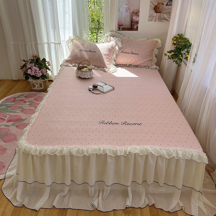 91家纺网 家纺一手货源 找家纺 （总）觅糖家纺 2026新款缎带梦境韩风ins床裙款凉席系列凉席席子-波点奶芙