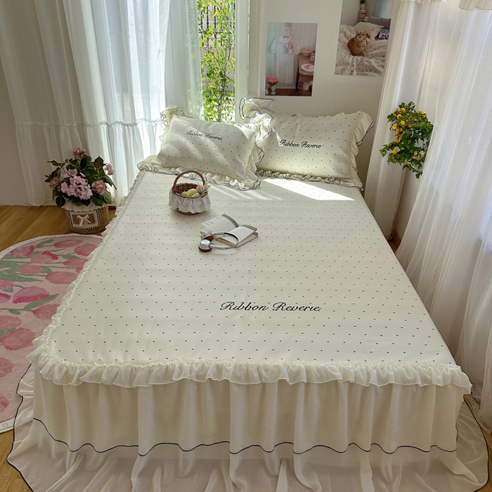 91家纺网 家纺一手货源 找家纺 （总）觅糖家纺 2026新款缎带梦境韩风ins床裙款凉席系列凉席席子-波点奶芙