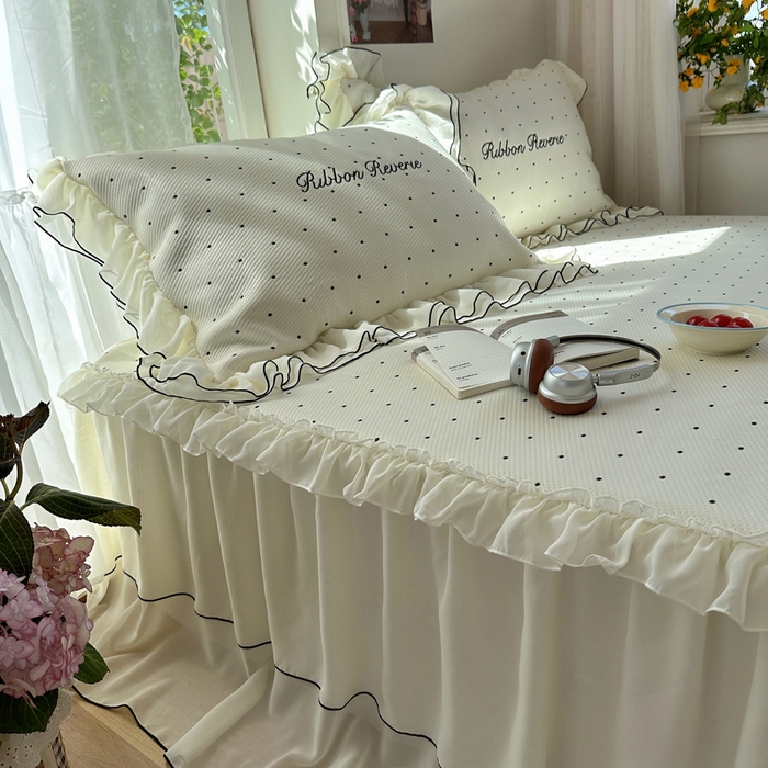 91家纺网 家纺一手货源 找家纺 觅糖家纺 2026新款缎带梦境韩风ins床裙款凉席系列凉席席子-波点奶芙 波点奶芙-白