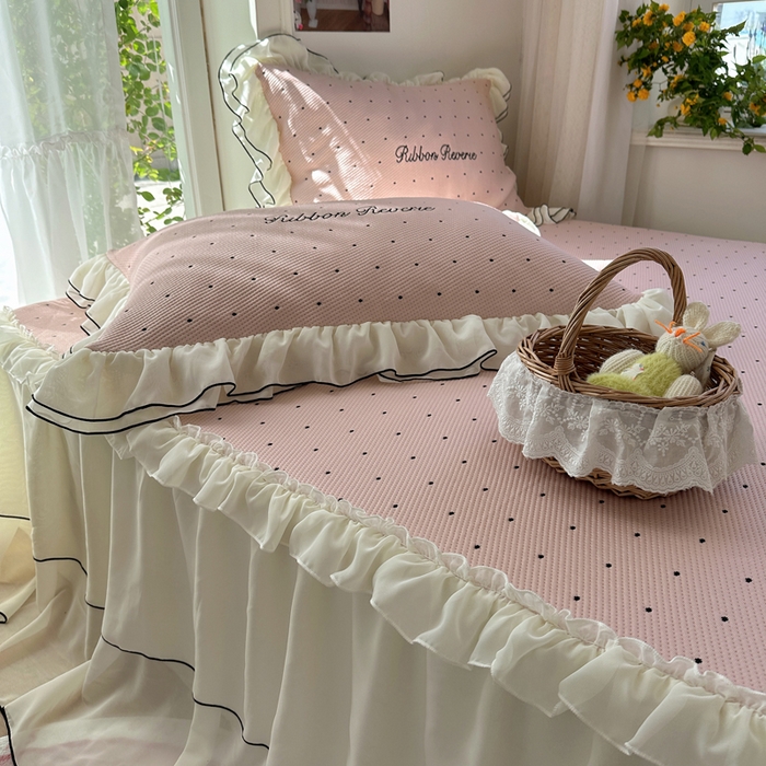 91家纺网 家纺一手货源 找家纺 觅糖家纺 2026新款缎带梦境韩风ins床裙款凉席系列凉席席子-波点奶芙 波点奶芙-粉