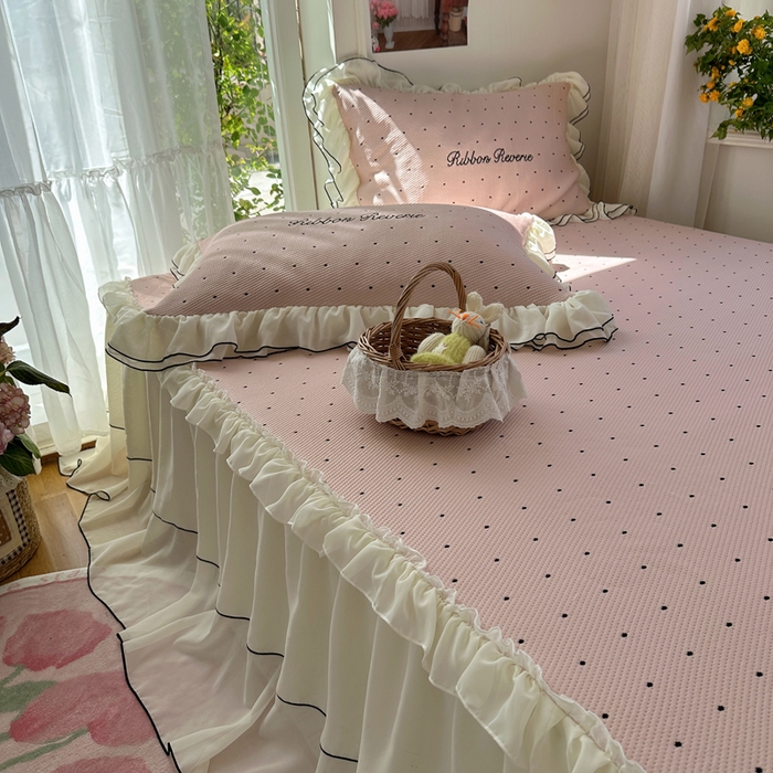 91家纺网 家纺一手货源 找家纺 觅糖家纺 2026新款缎带梦境韩风ins床裙款凉席系列凉席席子-波点奶芙 波点奶芙-粉