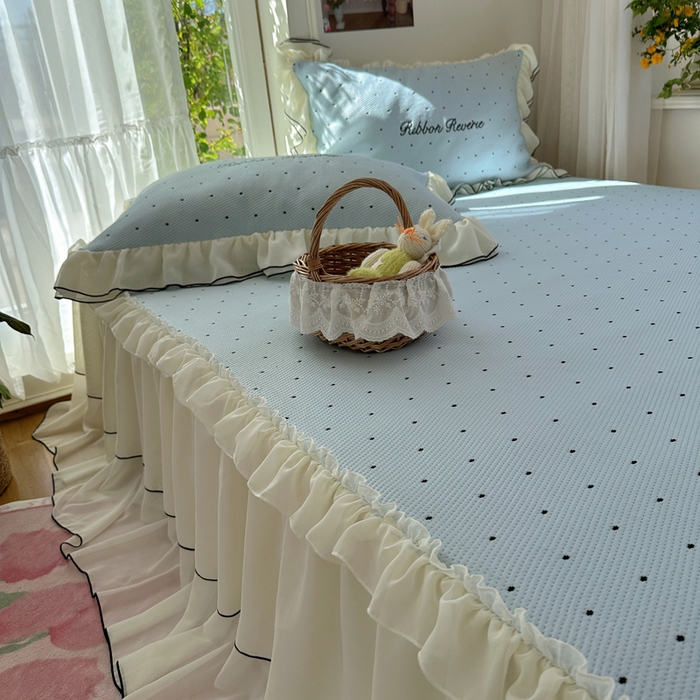 91家纺网 家纺一手货源 找家纺 觅糖家纺 2026新款缎带梦境韩风ins床裙款凉席系列凉席席子-波点奶芙 波点奶芙-蓝
