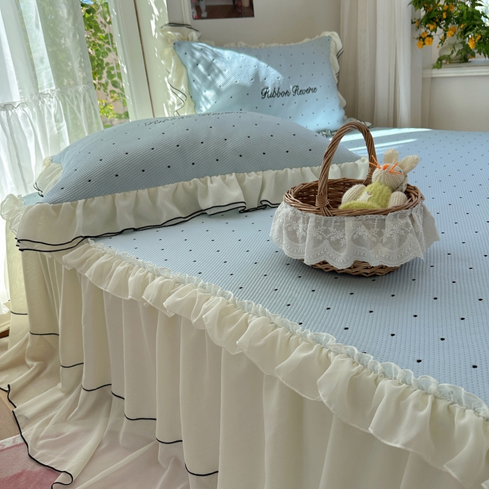 91家纺网 家纺一手货源 找家纺 觅糖家纺 2026新款缎带梦境韩风ins床裙款凉席系列凉席席子-波点奶芙 波点奶芙-蓝