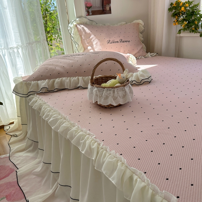 91家纺网 家纺一手货源 找家纺 觅糖家纺 2026新款缎带梦境韩风ins床裙款凉席系列凉席席子-波点奶芙 波点奶芙-粉