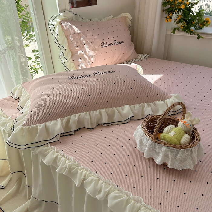 91家纺网 家纺一手货源 找家纺 觅糖家纺 2026新款缎带梦境韩风ins床裙款凉席系列凉席席子-波点奶芙 波点奶芙-粉