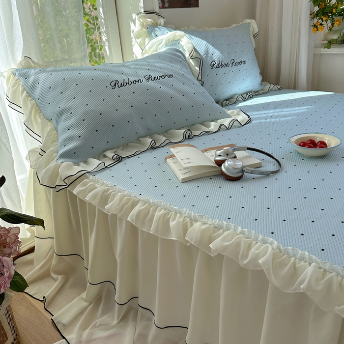 91家纺网 家纺一手货源 找家纺 觅糖家纺 2026新款缎带梦境韩风ins床裙款凉席系列凉席席子-波点奶芙 波点奶芙-蓝