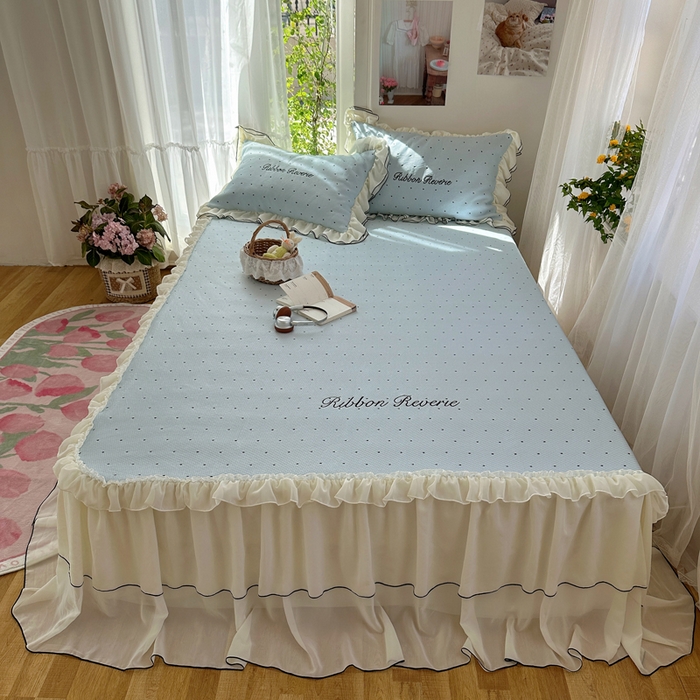 觅糖家纺 2026新款缎带梦境韩风ins床裙款凉席系列凉席席子-波点奶芙 波点奶芙-蓝