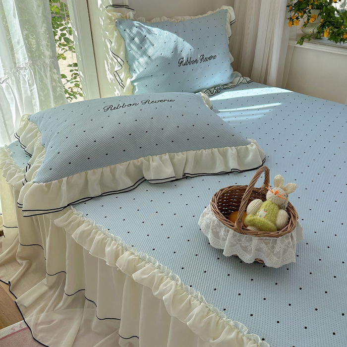 91家纺网 家纺一手货源 找家纺 觅糖家纺 2026新款缎带梦境韩风ins床裙款凉席系列凉席席子-波点奶芙 波点奶芙-蓝