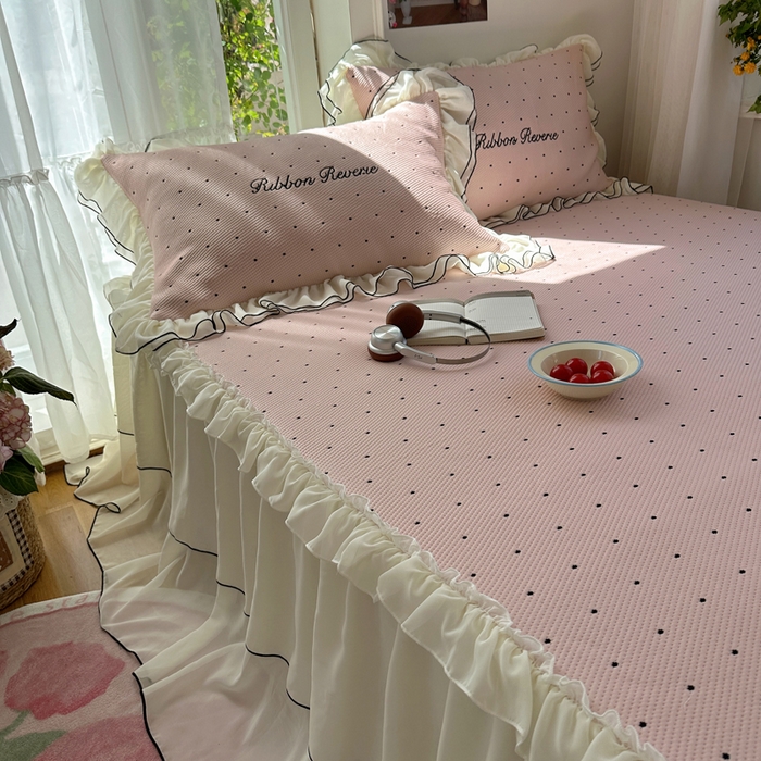 91家纺网 家纺一手货源 找家纺 觅糖家纺 2026新款缎带梦境韩风ins床裙款凉席系列凉席席子-波点奶芙 波点奶芙-粉