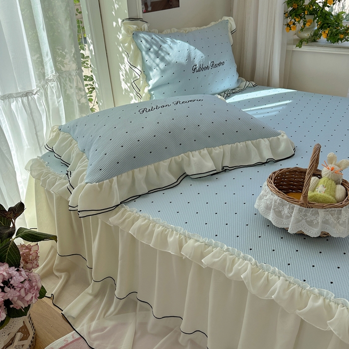 91家纺网 家纺一手货源 找家纺 觅糖家纺 2026新款缎带梦境韩风ins床裙款凉席系列凉席席子-波点奶芙 波点奶芙-蓝