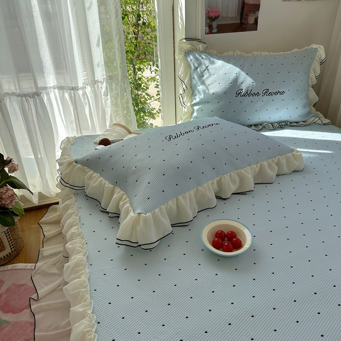 91家纺网 家纺一手货源 找家纺 觅糖家纺 2026新款缎带梦境韩风ins床裙款凉席系列凉席席子-波点奶芙 波点奶芙-蓝