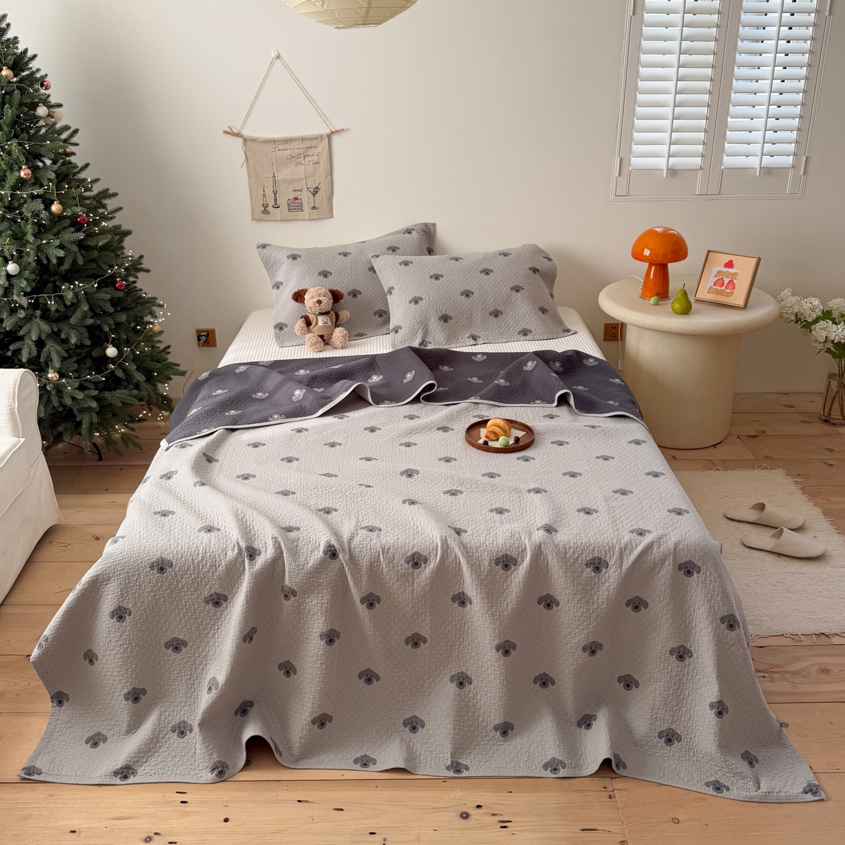 沐瑟家纺 2026春夏新款安心棉床盖三件套 叮叮狗-灰色