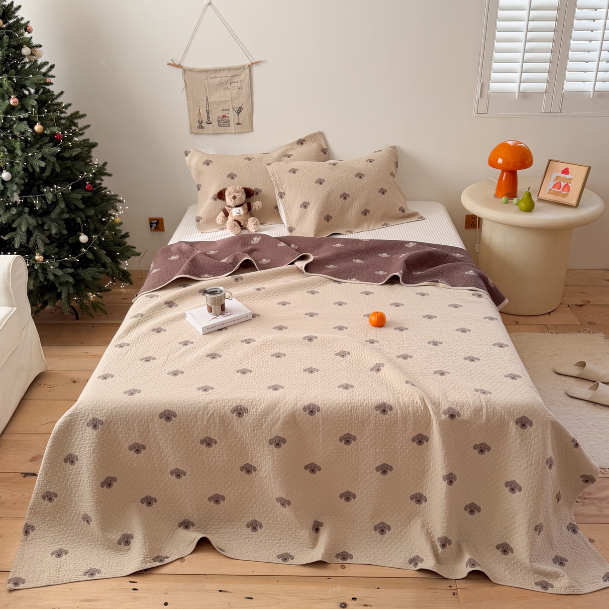 沐瑟家纺 2026春夏新款安心棉床盖三件套 叮叮狗-浅咖色