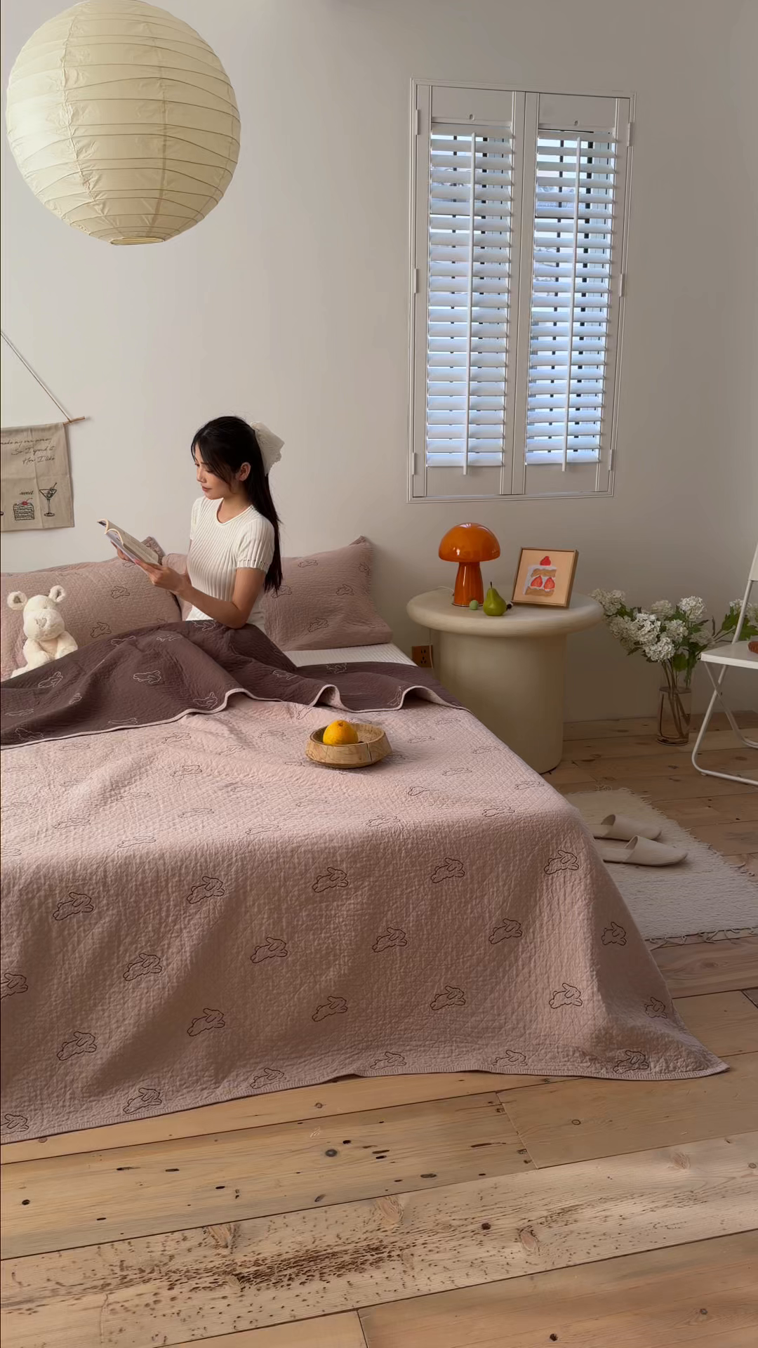 91家纺网 家纺一手货源 找家纺 沐瑟家纺 2026春夏新款安心棉床盖三件套 浅跳兔-粉色