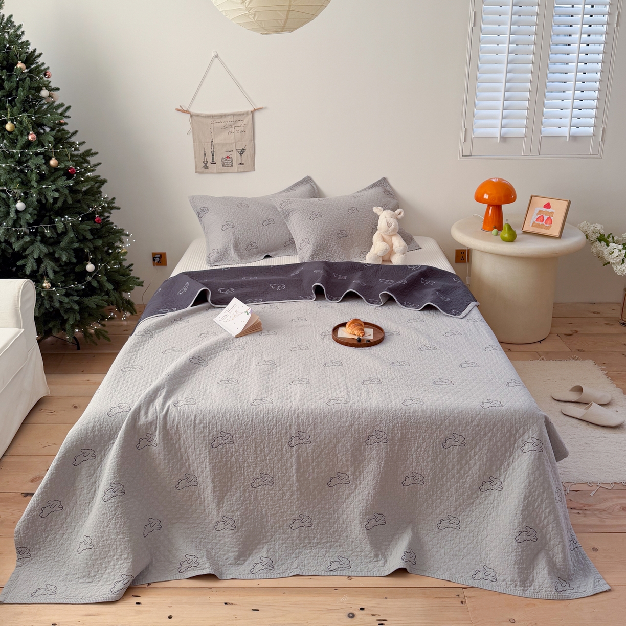 沐瑟家纺 2026春夏新款安心棉床盖三件套 浅跳兔-灰蓝