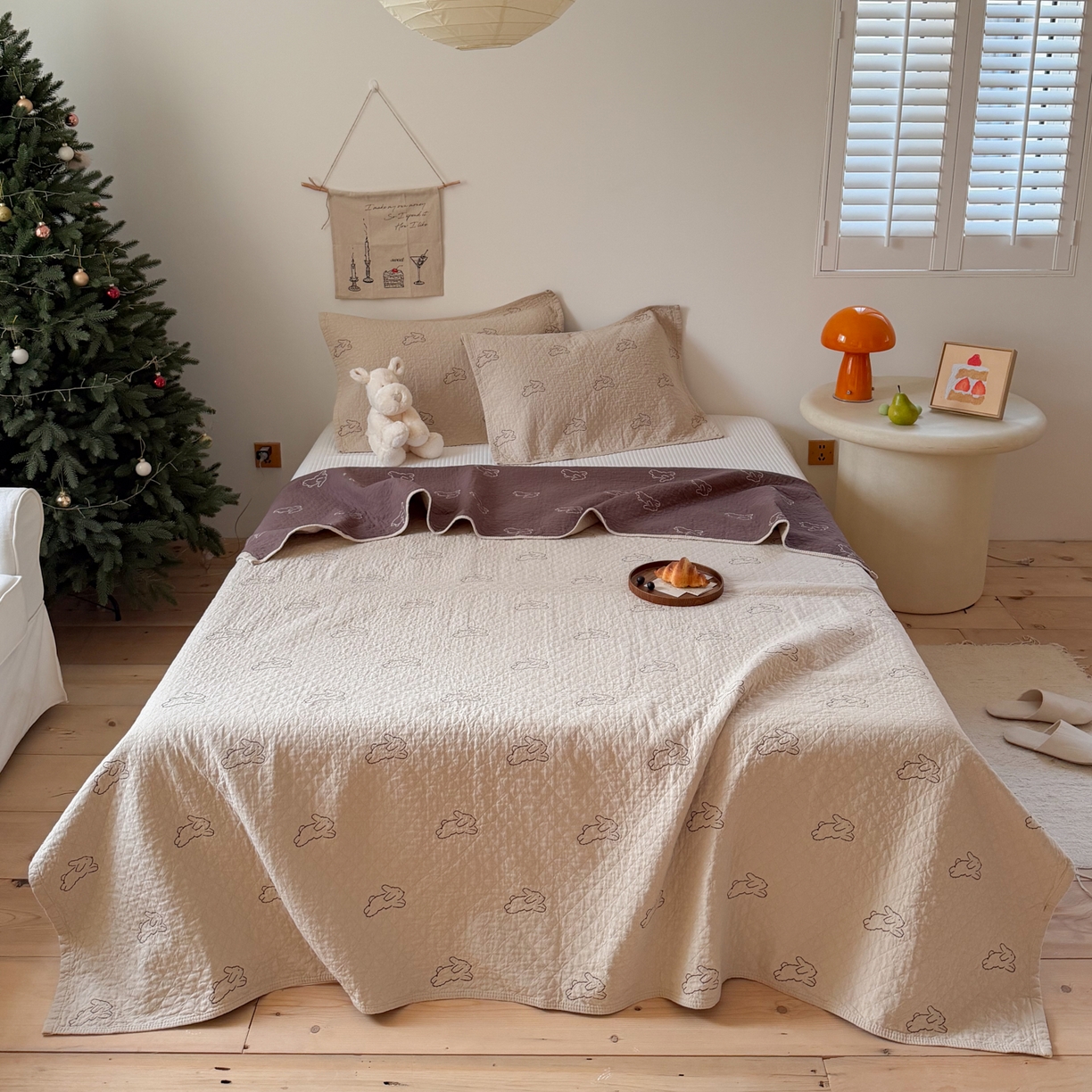 沐瑟家纺 2026春夏新款安心棉床盖三件套 浅跳兔-浅咖色