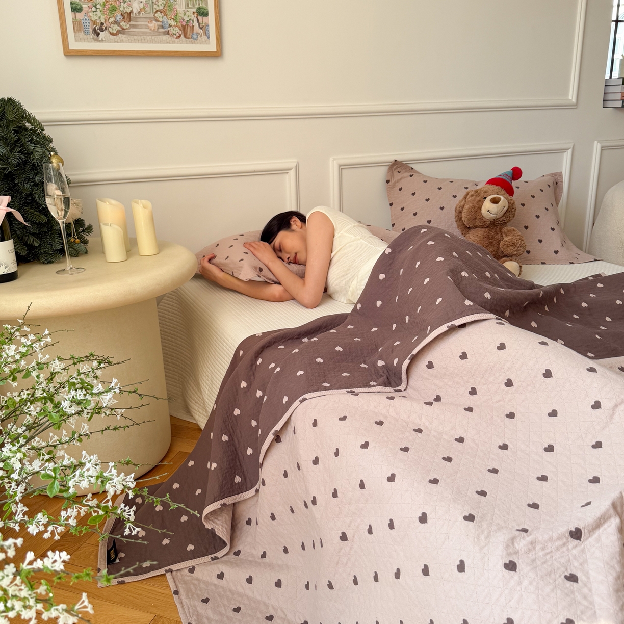 91家纺网 家纺一手货源 找家纺 沐瑟家纺 2026春夏新款安心棉床盖三件套 心情-粉色