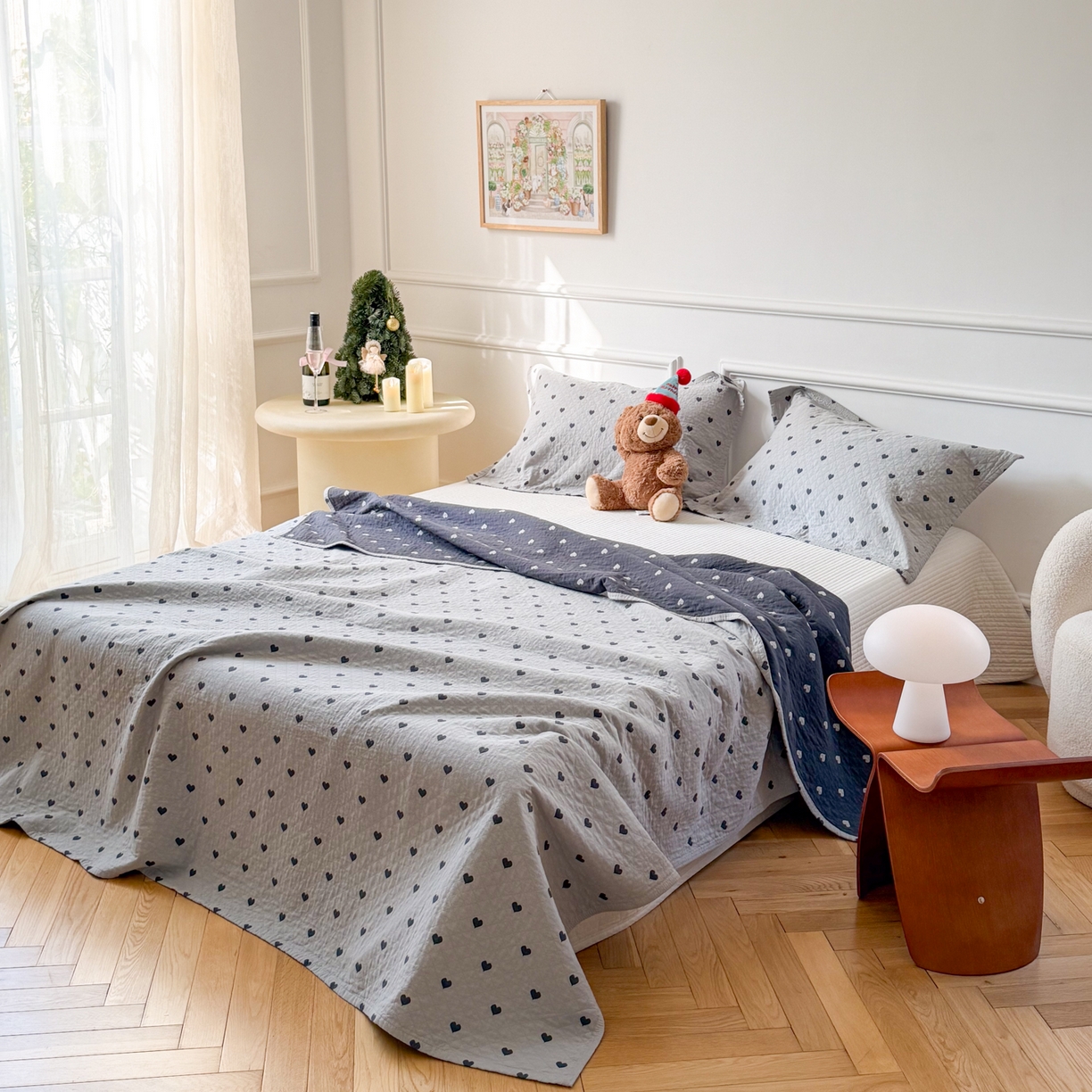 91家纺网 家纺一手货源 找家纺 沐瑟家纺 2026春夏新款安心棉床盖三件套 心情-灰蓝