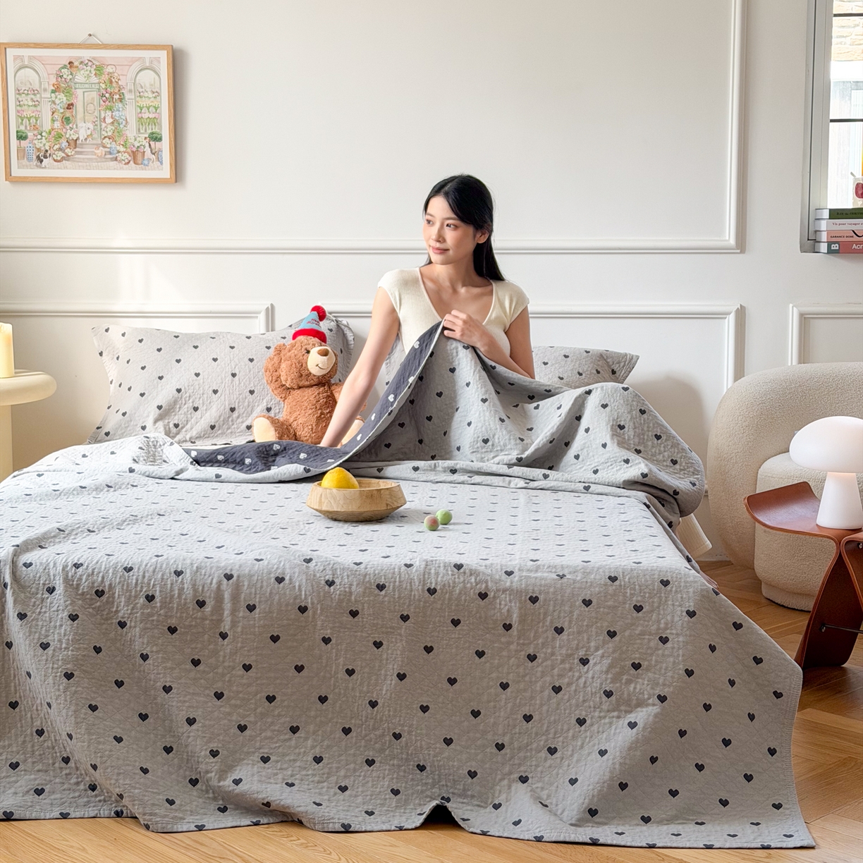 91家纺网 家纺一手货源 找家纺 沐瑟家纺 2026春夏新款安心棉床盖三件套 心情-灰蓝