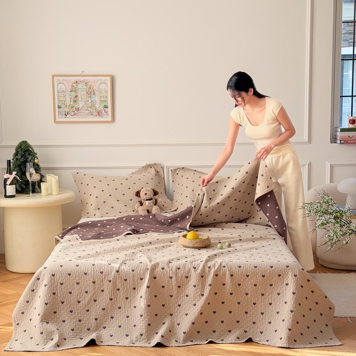 91家纺网 家纺一手货源 找家纺 沐瑟家纺 2026春夏新款安心棉床盖三件套 心情-卡其