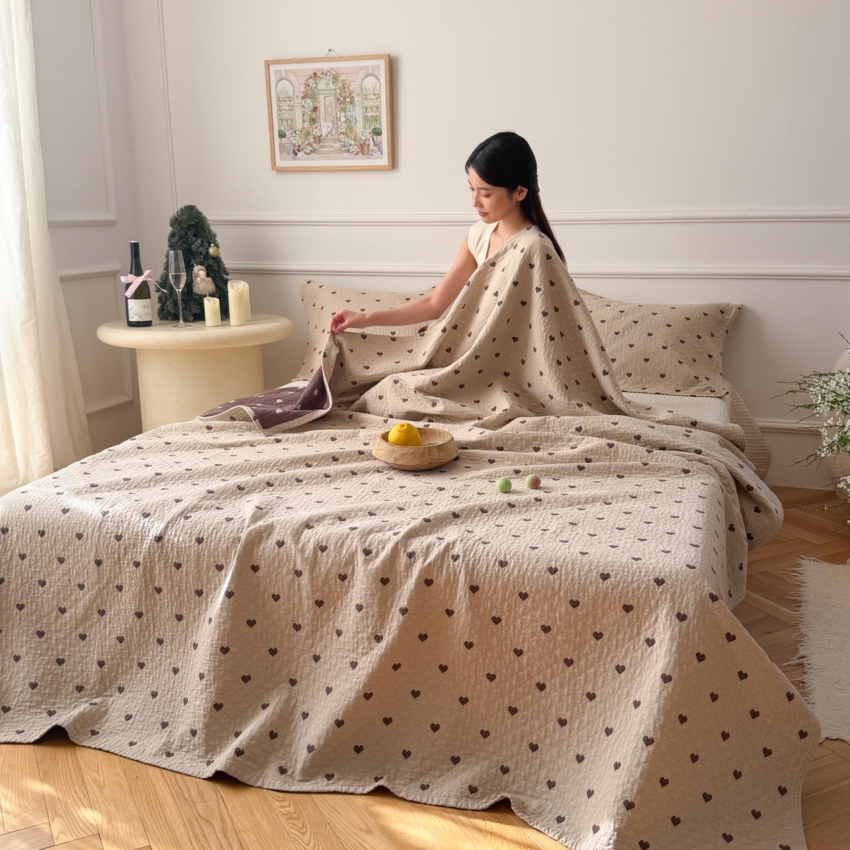 91家纺网 家纺一手货源 找家纺 沐瑟家纺 2026春夏新款安心棉床盖三件套 心情-卡其