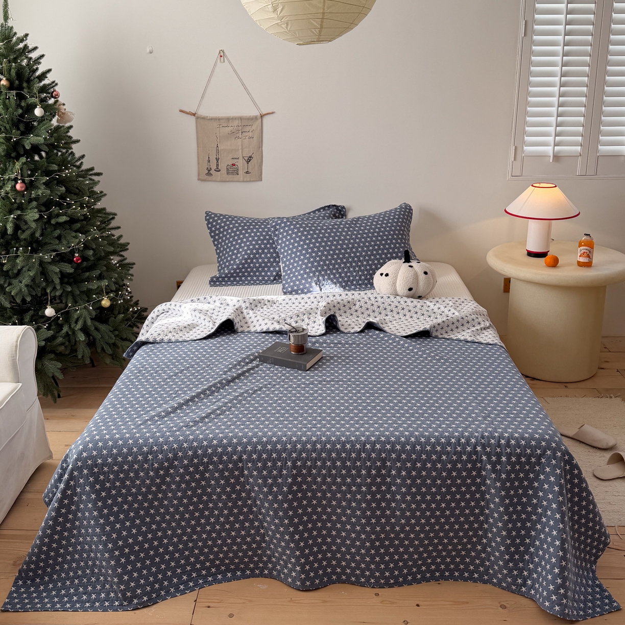 沐瑟家纺 2026春夏新款安心棉床盖三件套 星星-蓝色